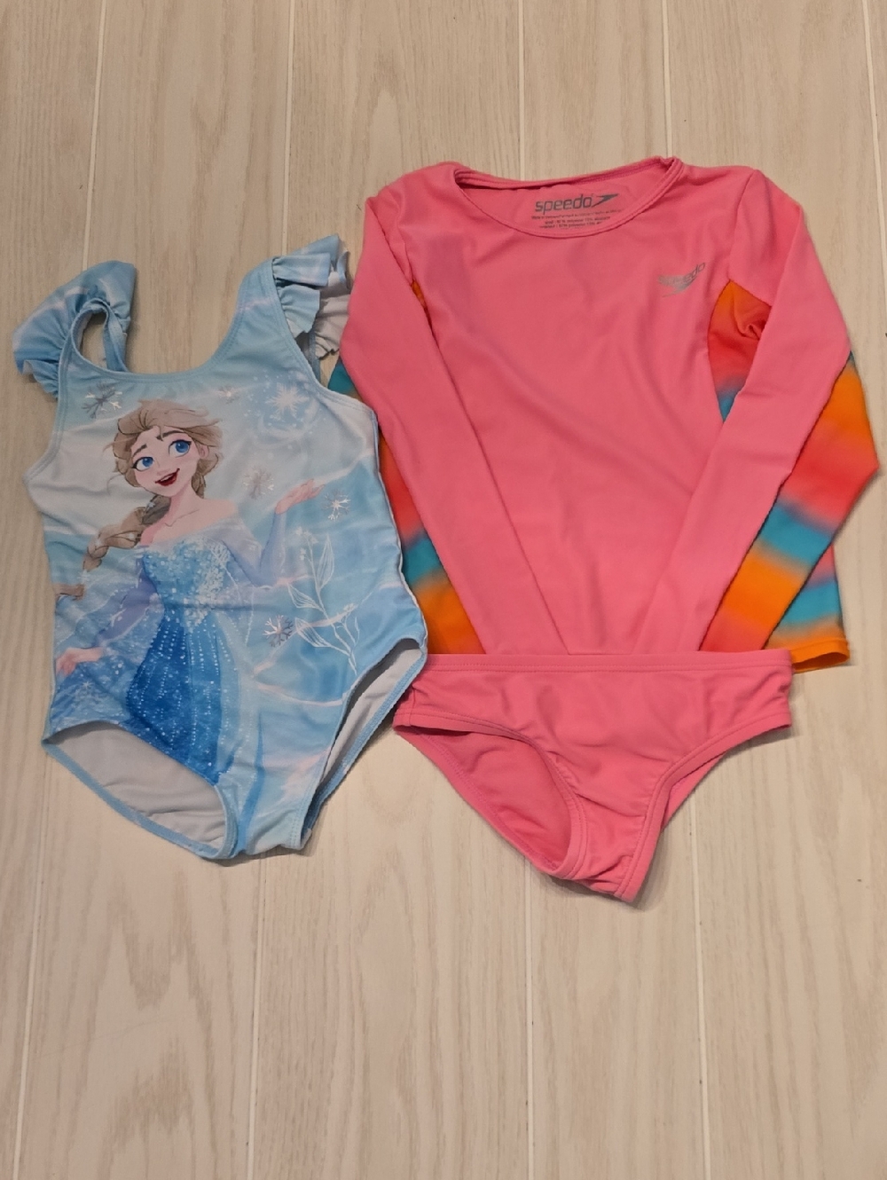 2 Swimsuits Disney Frozen Elsa 4/5 One Piece Speedo Rash Guard Girls Size 5 D022